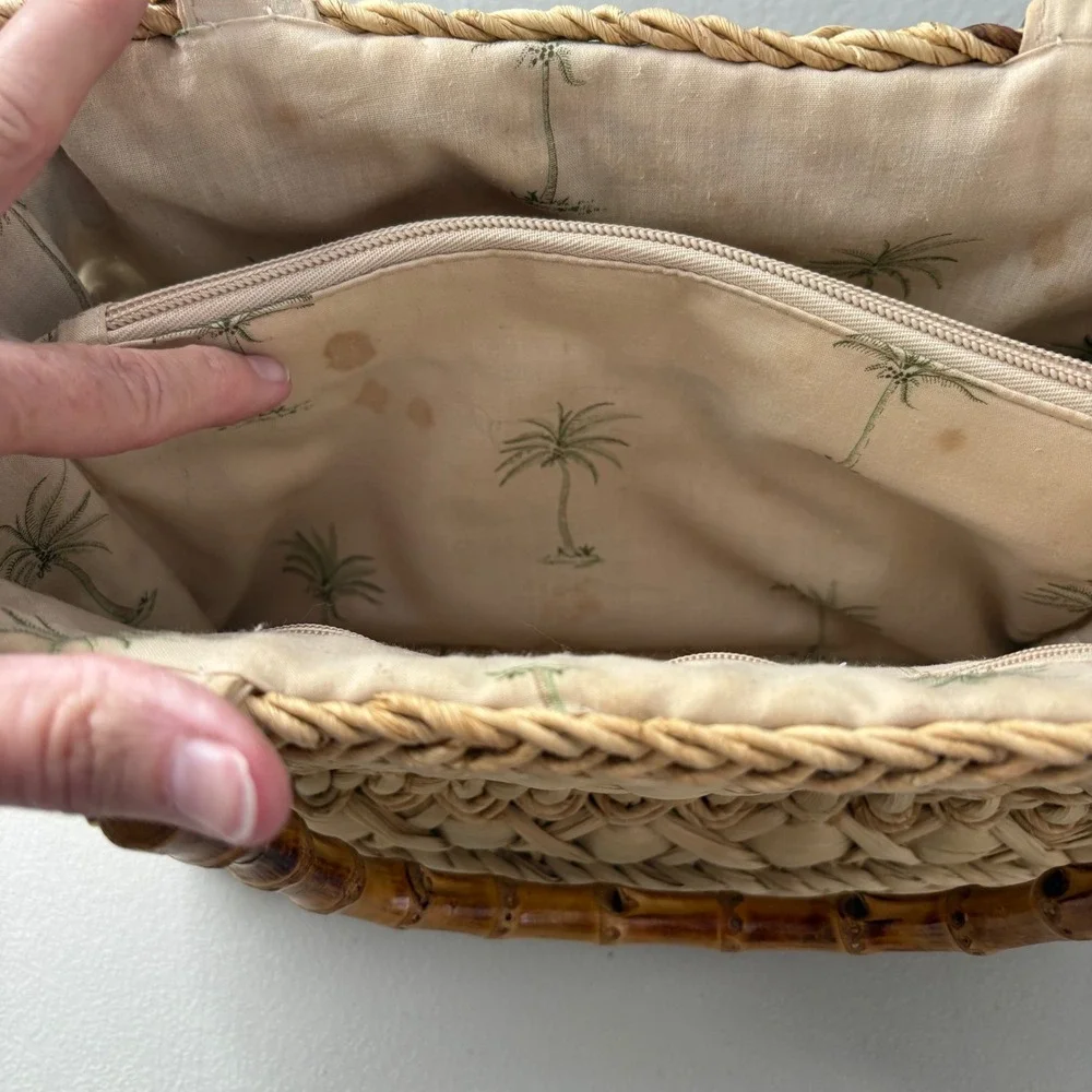 Cappelli Straworld Woven Straw Handbag Bamboo Handle Palm Tree Lining Tan Boho